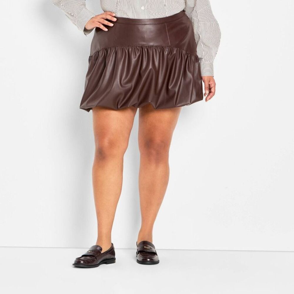 Women's Drop Waist Faux Leather Bubble Mini A-Line Skirt - Brown XXL
